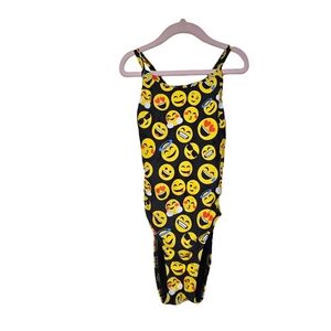 iSwim Emoji Pattern One Piece Swimsuit 26Y Girls Black Yellow Criss Cross Back